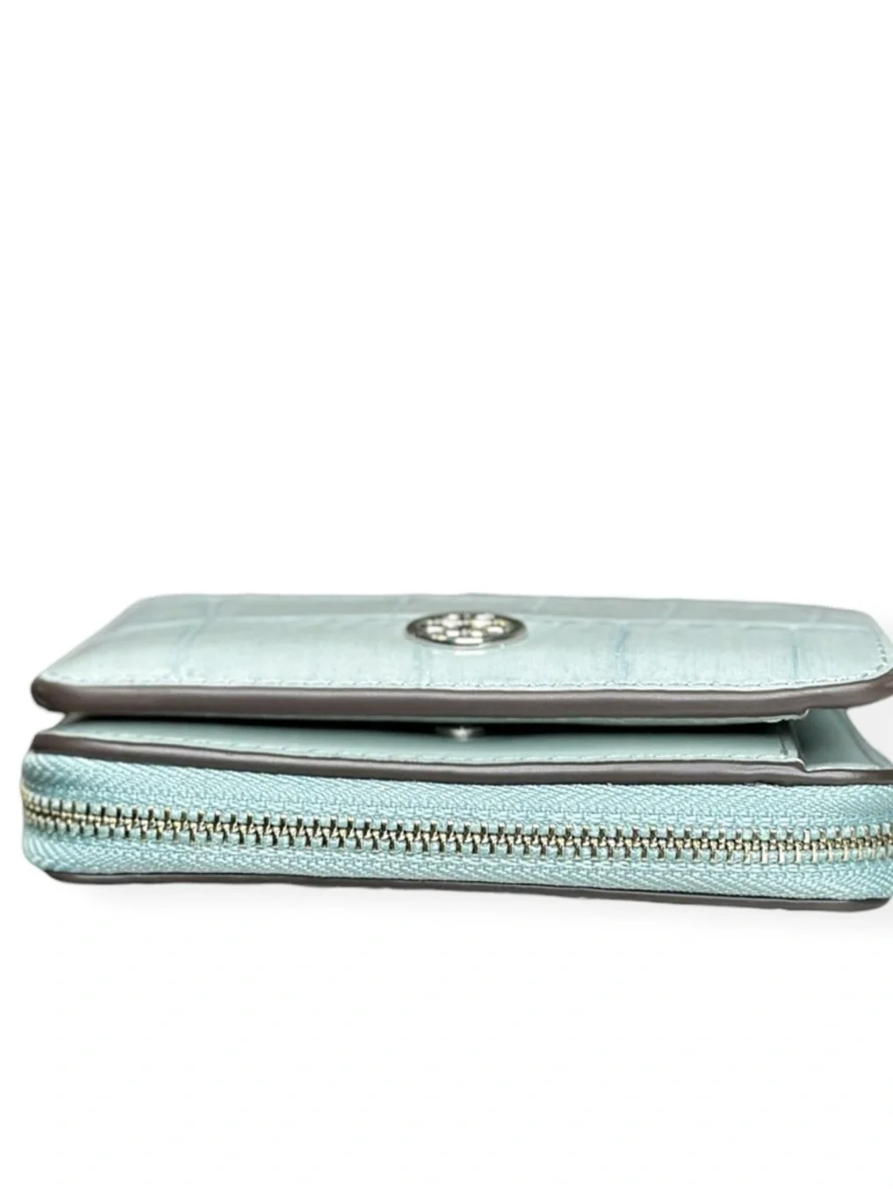 TORY BURCH Robinson Croc-Embossed Bifold Wallet - Blue Celadon